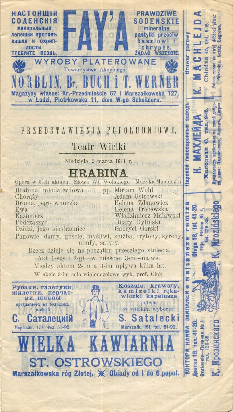 Program „Hrabina” Stanisław Moniuszko 1911-03-05