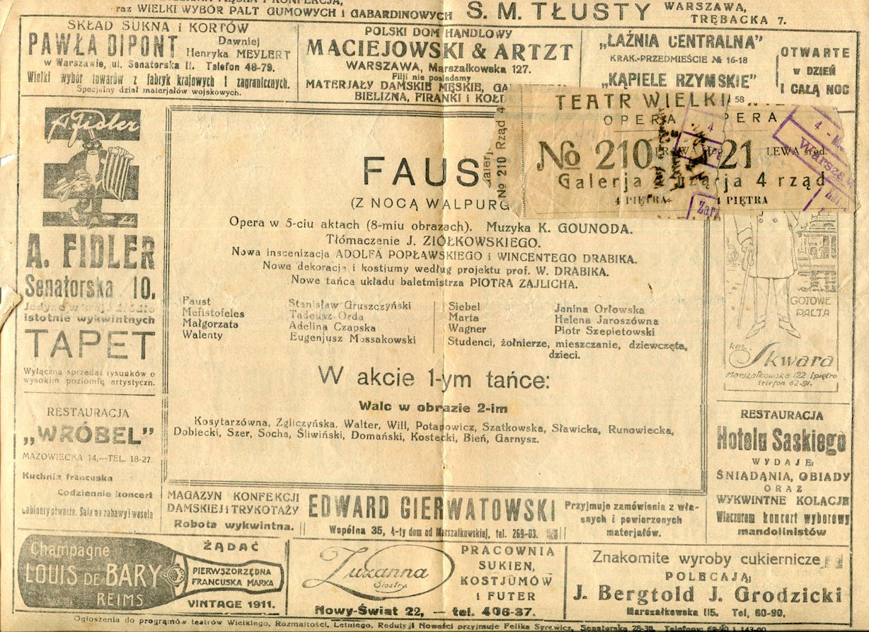 Program. „Faust z nocą Walpurgi" Charles Gounod 1924-03-04