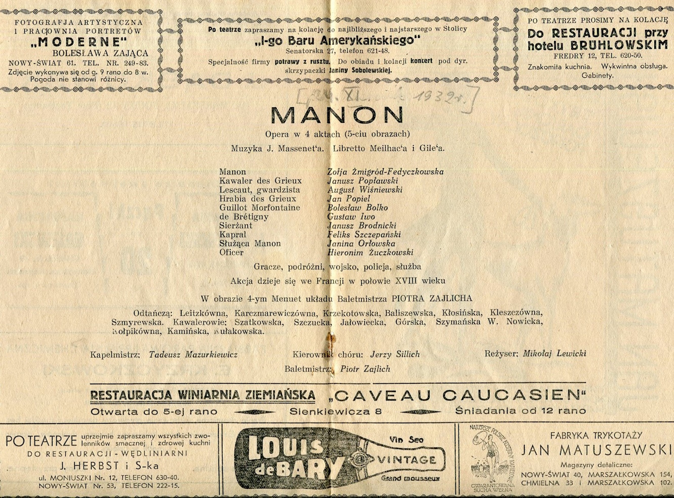 Program „Manon” Jules Massenet 1932-11-24