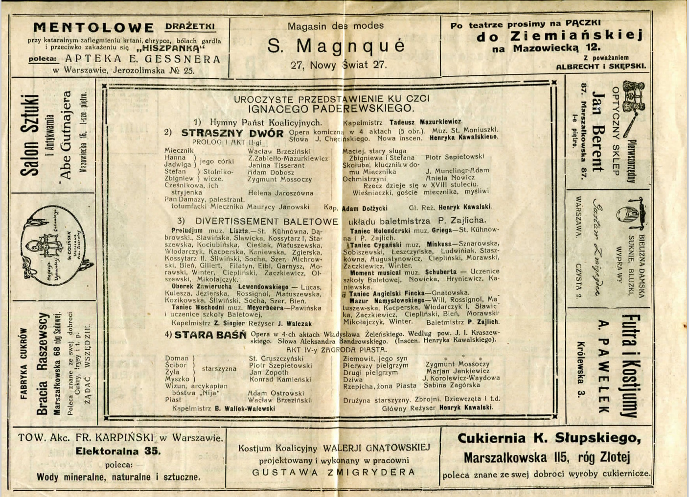 Program. Uroczyste przedstawienie ku czci Ignacego Paderewskiego 1919-01-19