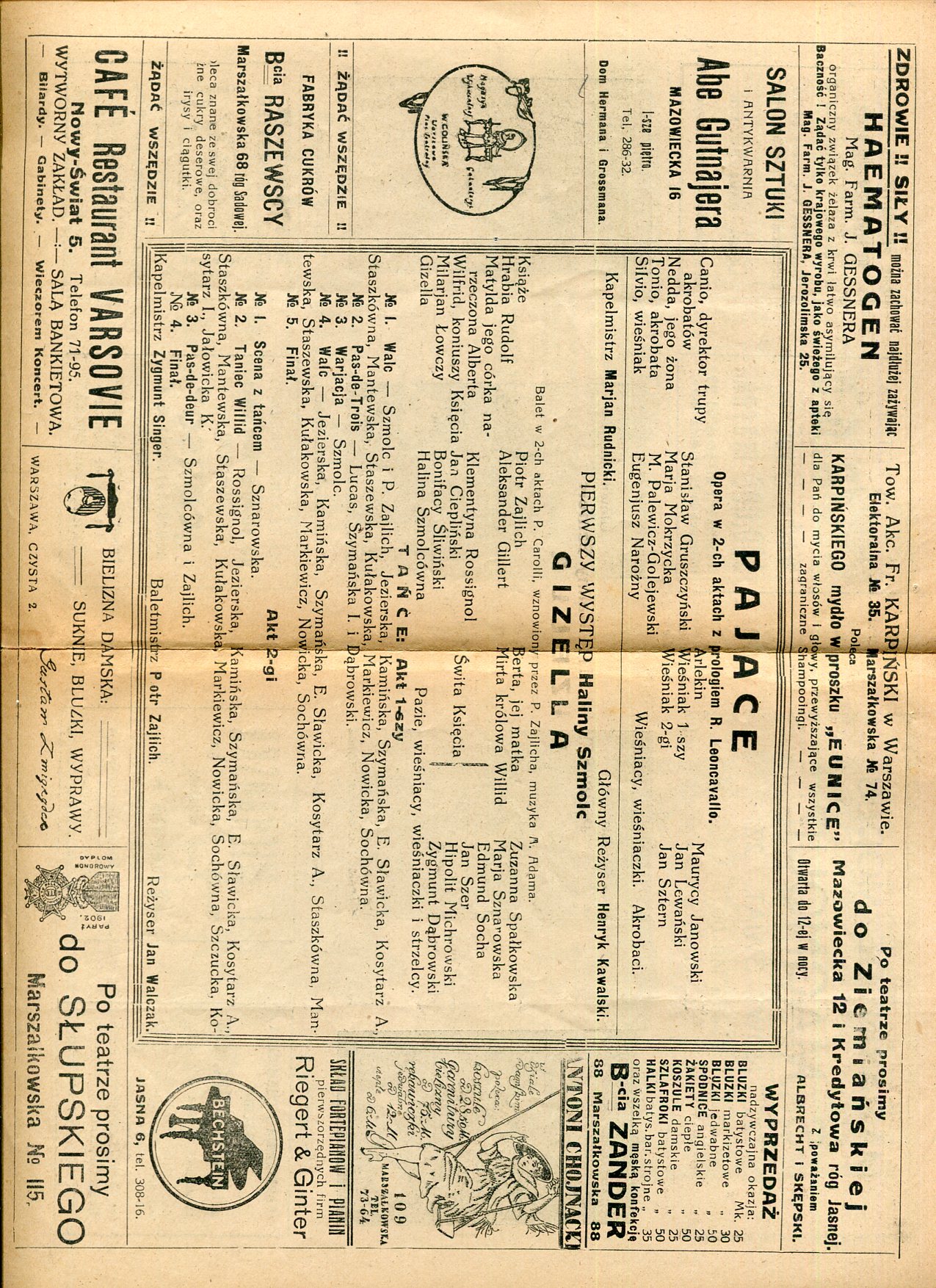 Program „Pajace” Ruggiero Leoncavallo, „Gizella” Adolphe Adam 1919