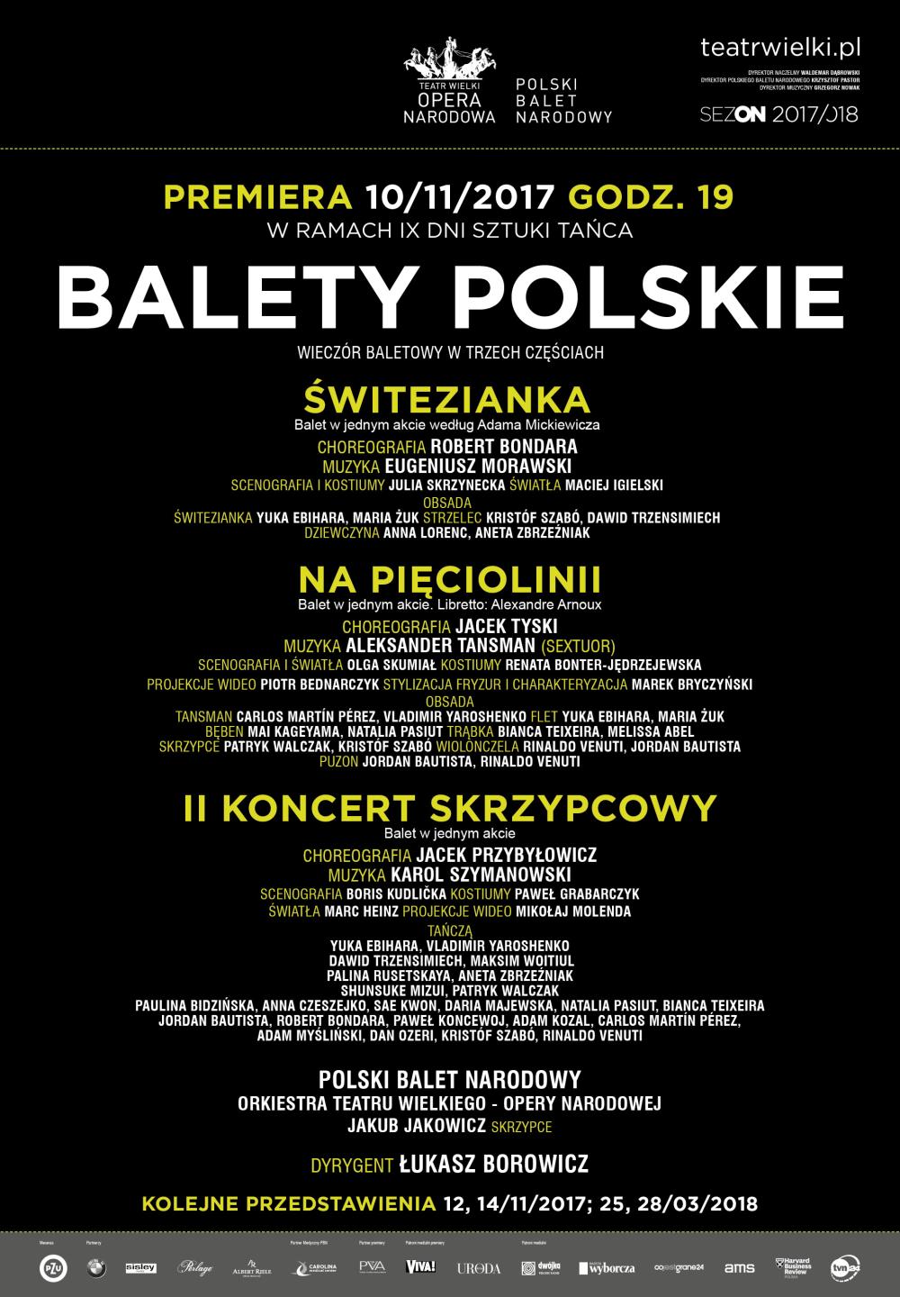 Afisz Wieczoru baletowego w trzech częściach "Balety polskie" premiera 2017-11-10 w ramach IX Dni Sztuki Tańca