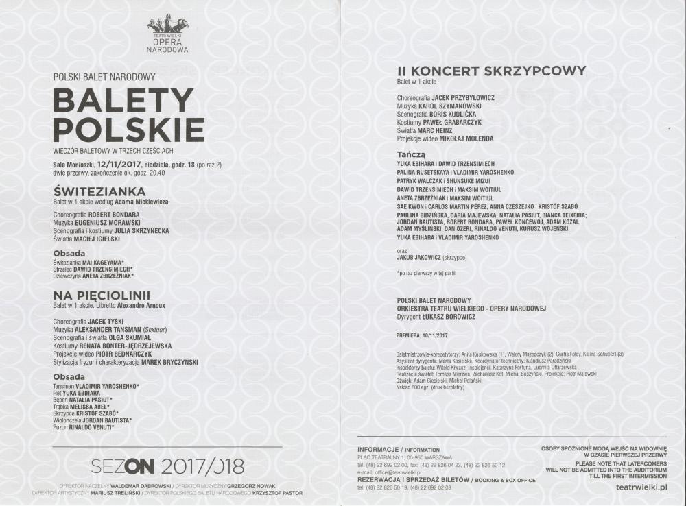 Wkładka obsadowa Wieczoru baletowego w trzech częściach "Balety polskie", 2017-11-12