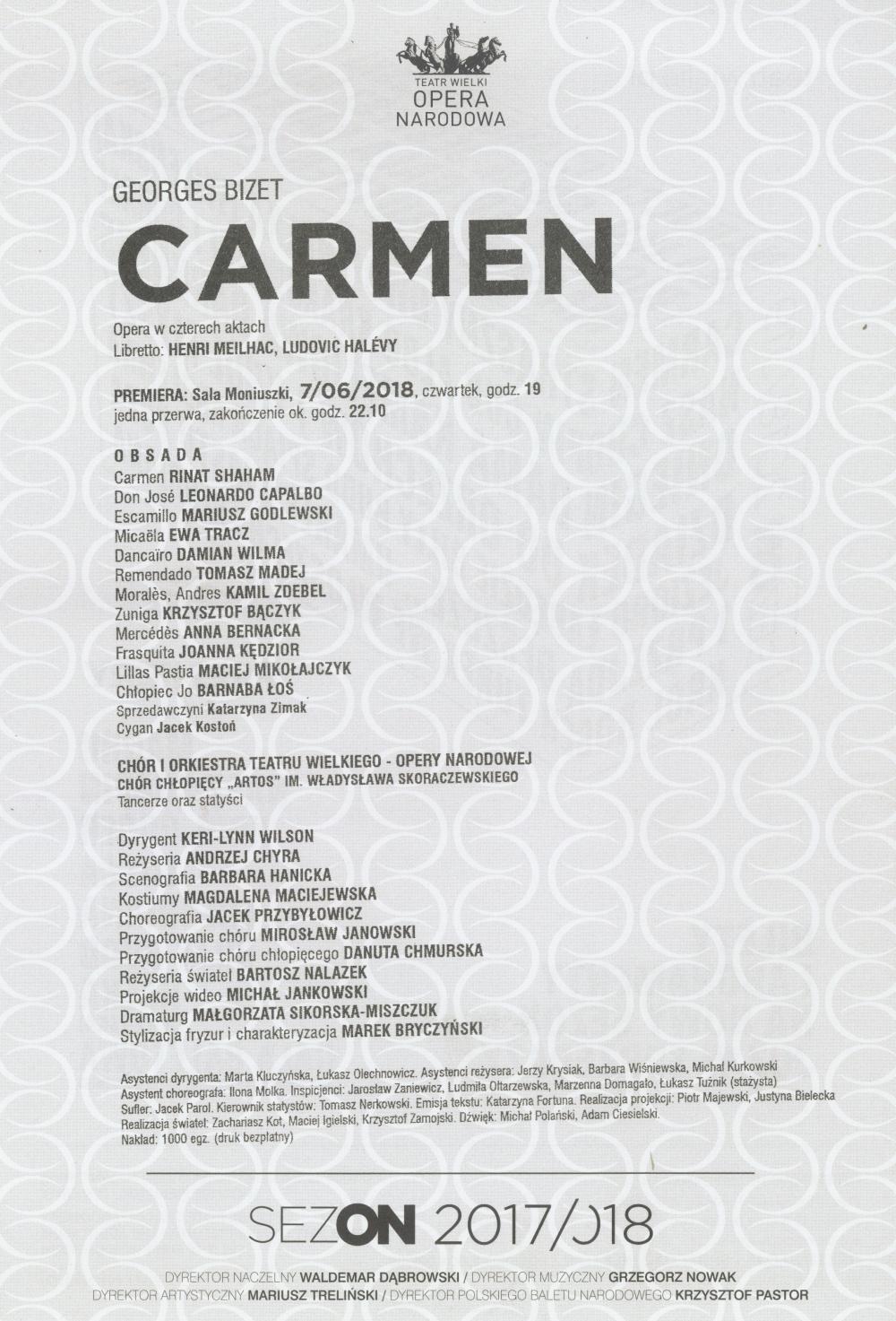Wkładka obsadowa „Carmen” Georges Bizet premiera 2018-06-07