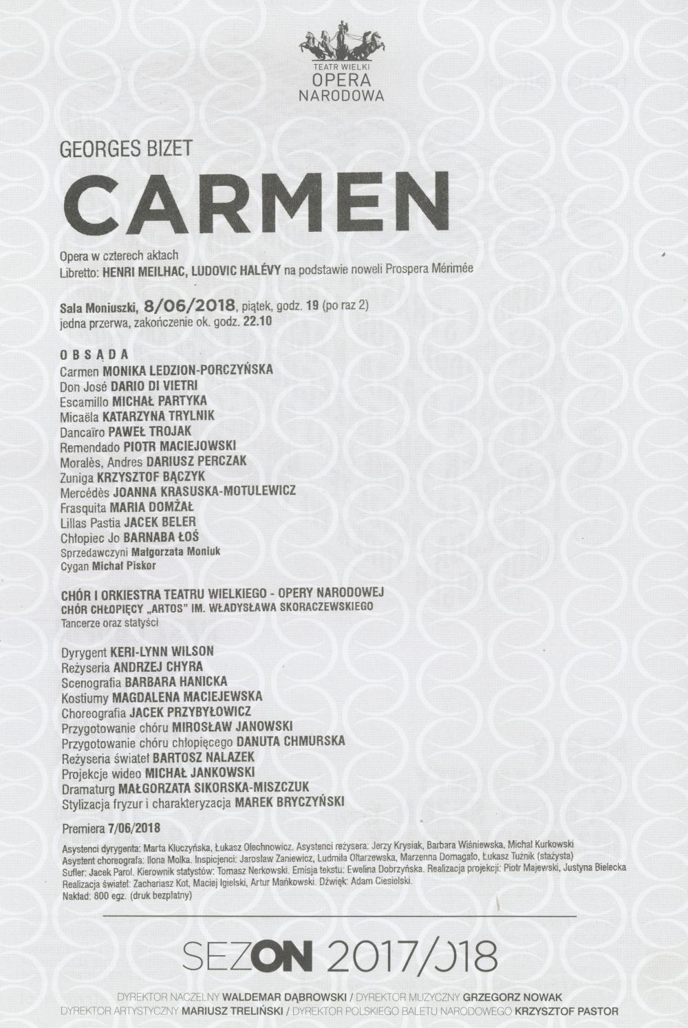 Wkładka obsadowa „Carmen” Georges Bizet 2018-06-08