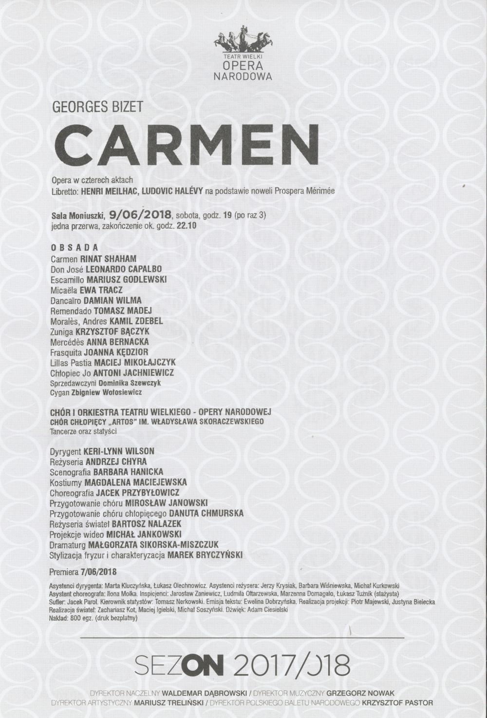 Wkładka obsadowa „Carmen” Georges Bizet 2018-06-09