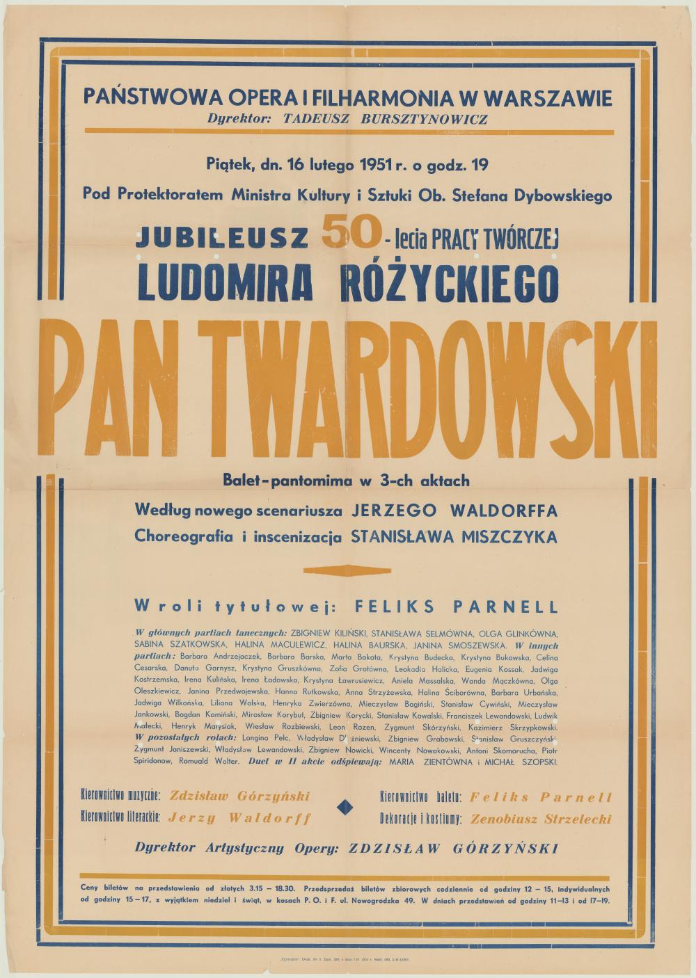 Afisz premierowy. „Pan Twardowski” Ludomir Różycki 1951-02-16