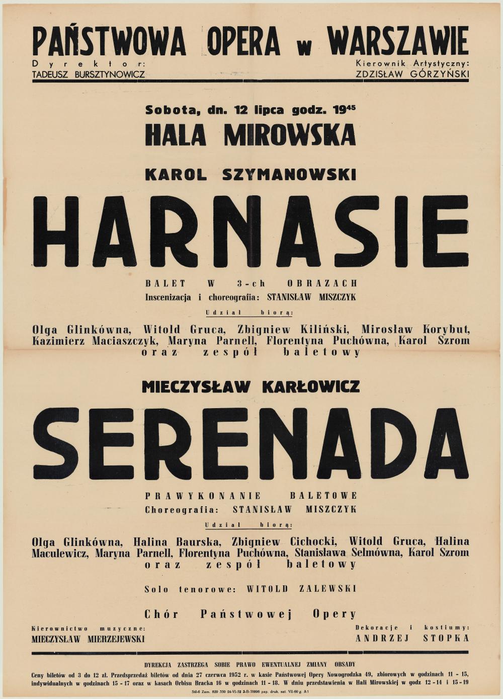 Afisz Obsadowy. „Harnasie” Karol Szymanowski 1952-07-12