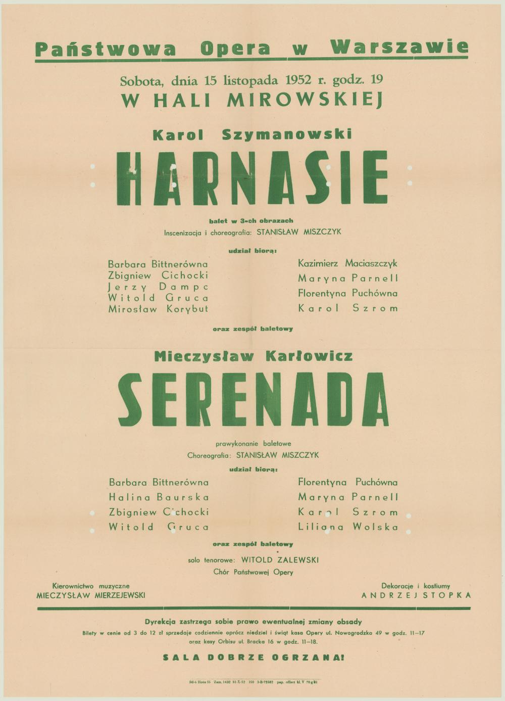 Afisz Obsadowy.„Harnasie” Karol Szymanowski 1952-11-15