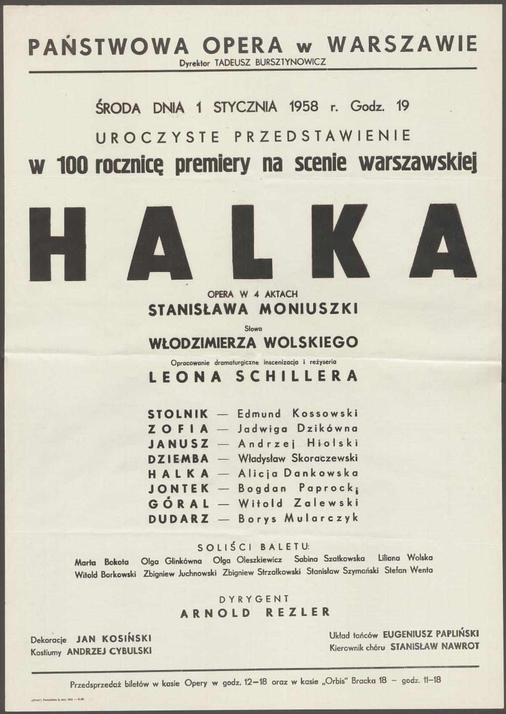 Afisz. Uroczyste przedstawienie w 100 rocznice premiery na scenie Warszawskiej „Halka” Stanisław Moniuszko 01-01-1958