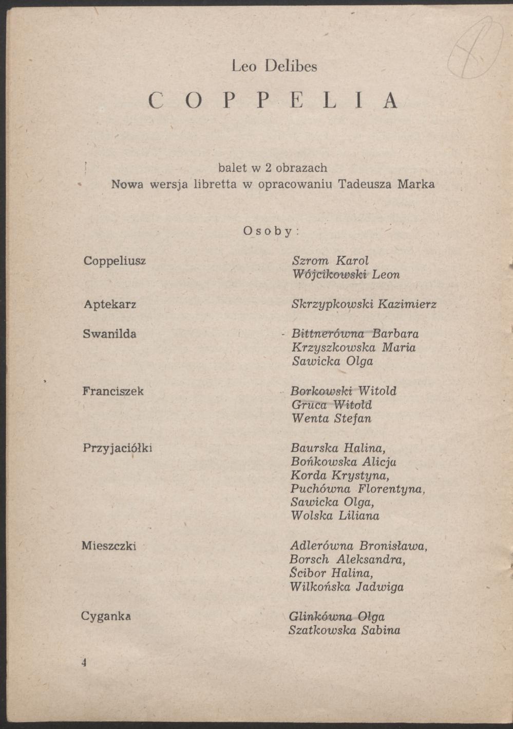Program. „Coppelia” Leo Delibes 1953-11-09