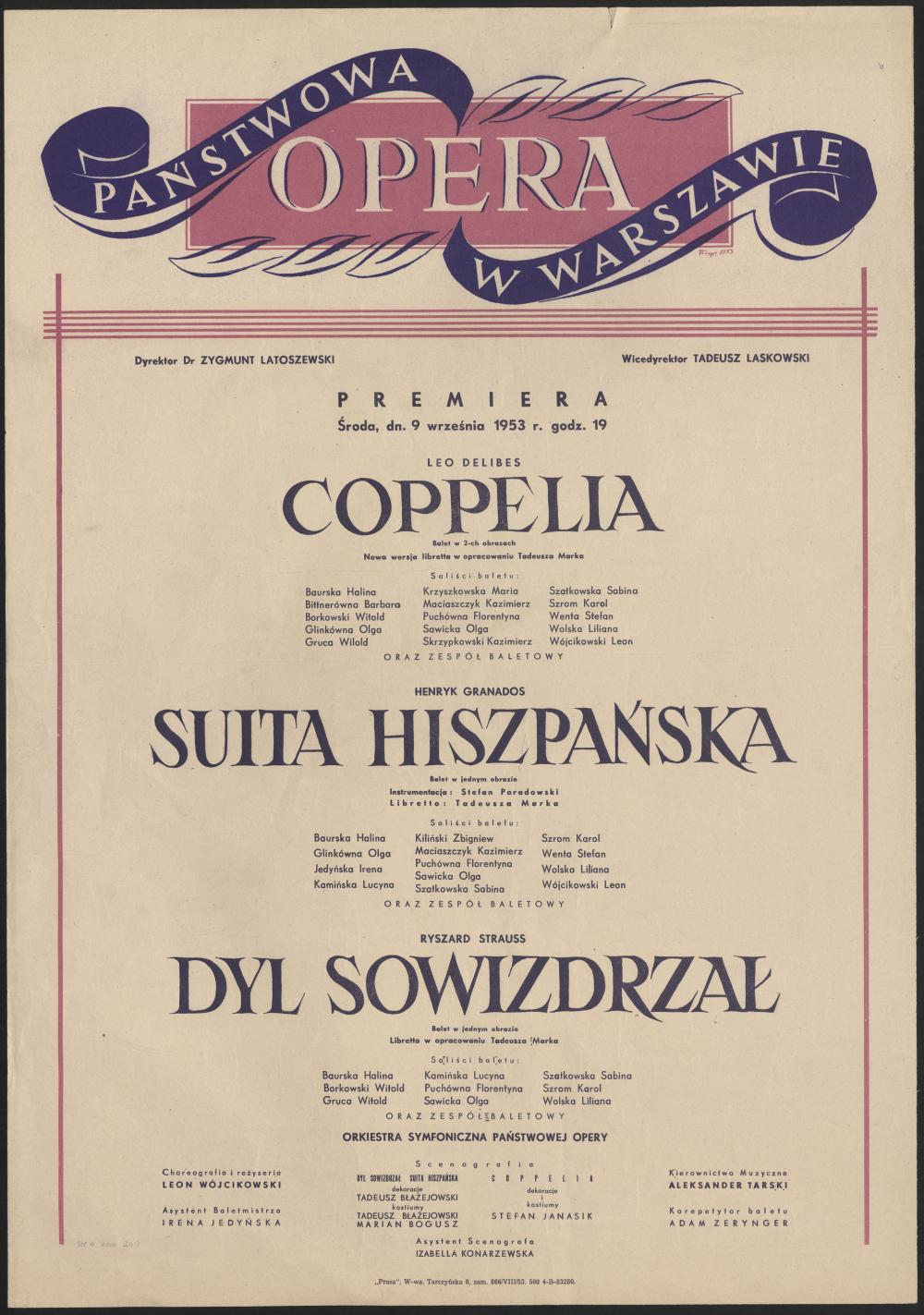 Afisz premierowy. „Dyl Sowizdrzał” Richard Strauss1953-11-09