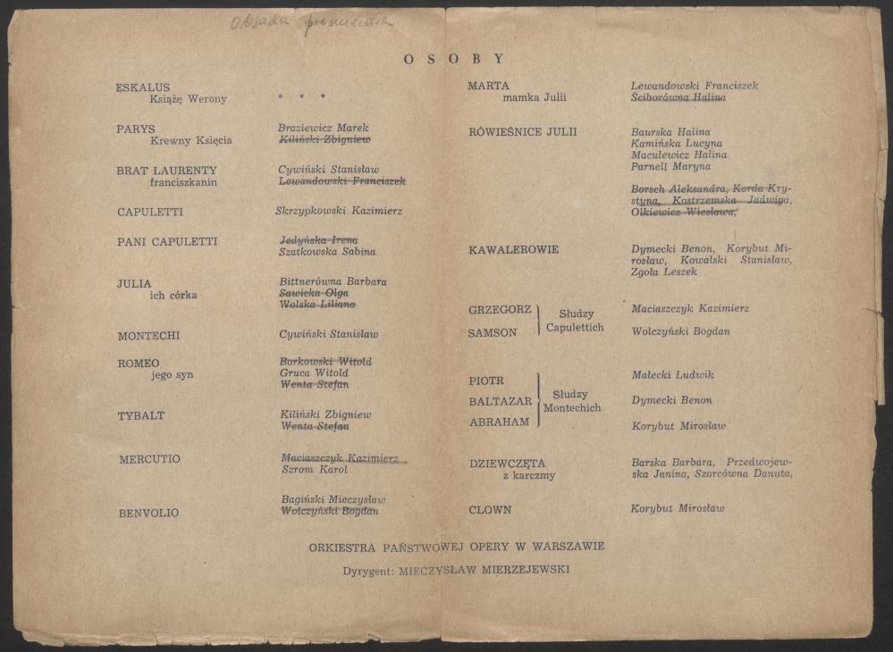 Wkładka obsadowa. „Romeo i Julia” Siergiej Prokofiew 1954-05-22