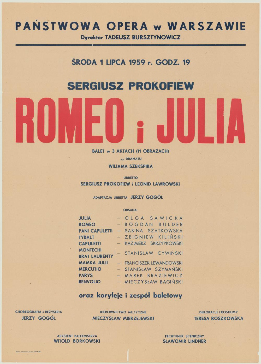 Afisz obsadowy. „Romeo i Julia” Siergiej Prokofiew 1954-07-01