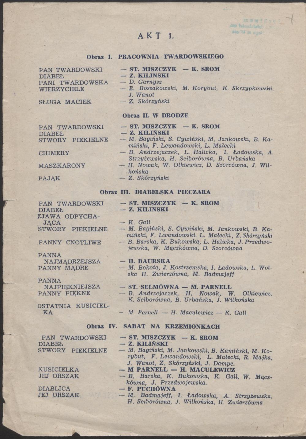 Wkładka obsadowa. „Pan Twardowski” Ludomir Różycki 23-10-1951