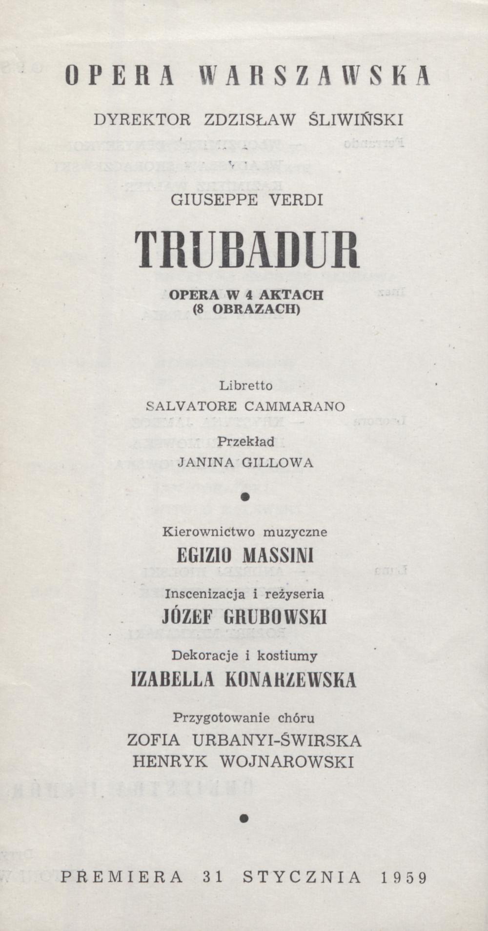 Wkładka premierowa „Trubadur” Giuseppe Verdi 31-01-1959 Opera Warszawska