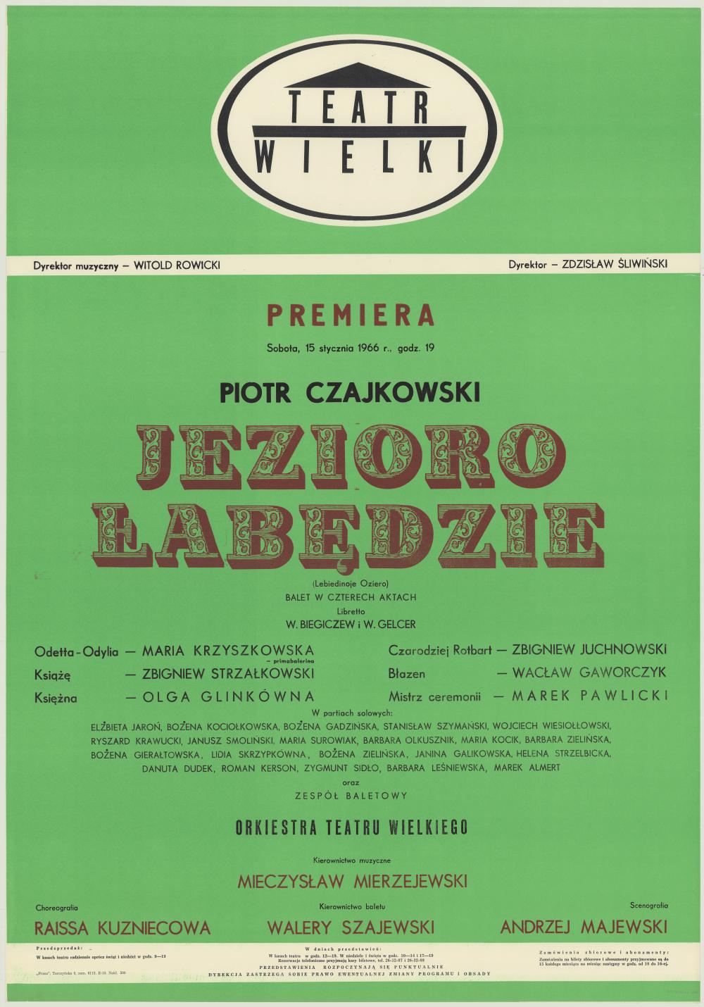 Afisz premierowy. „Jezioro łabędzie” Piotr Czajkowski 1966-01-15