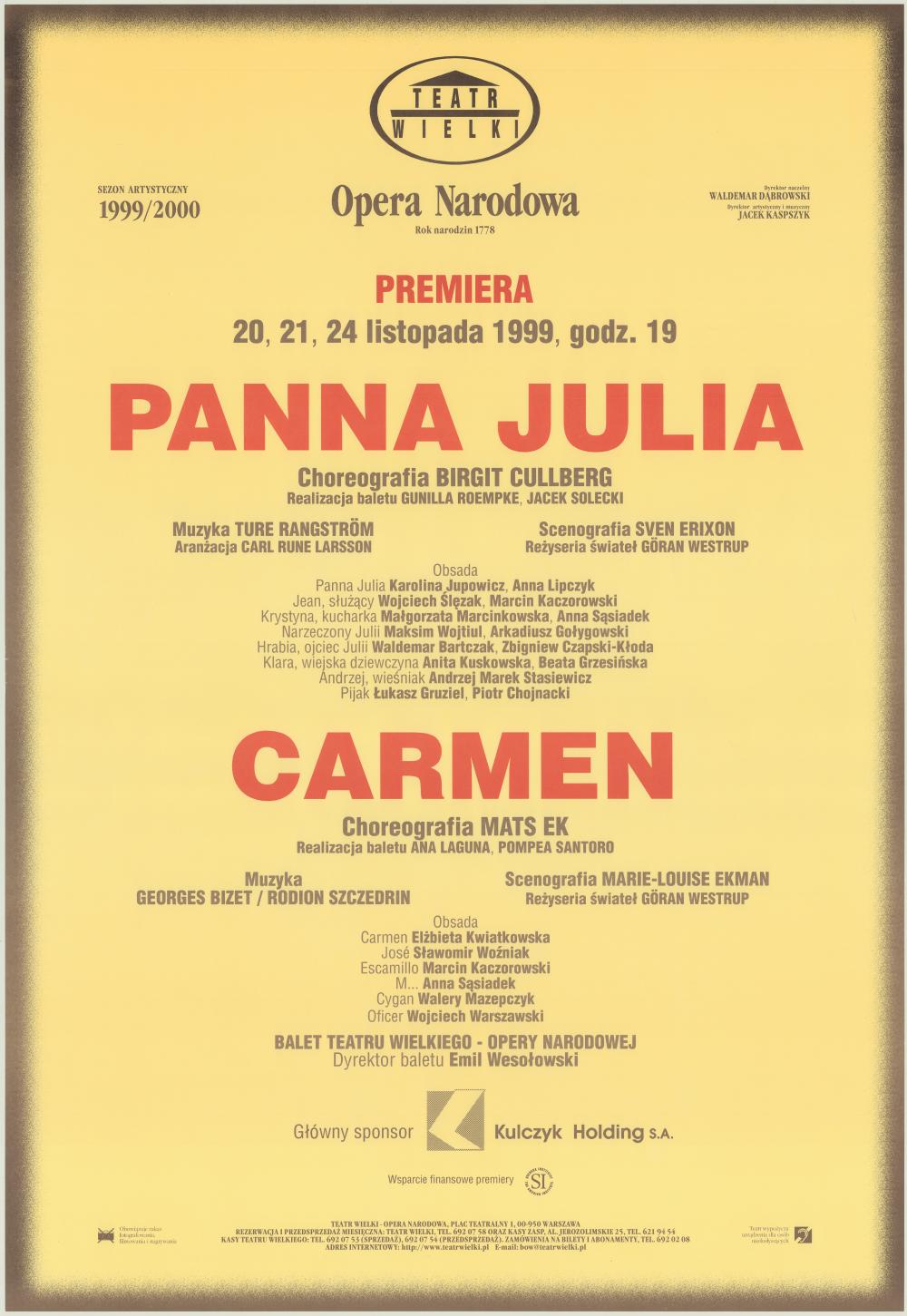 Afisz premierowy. „Panna Julia” Ture Rangström 1999-11-20