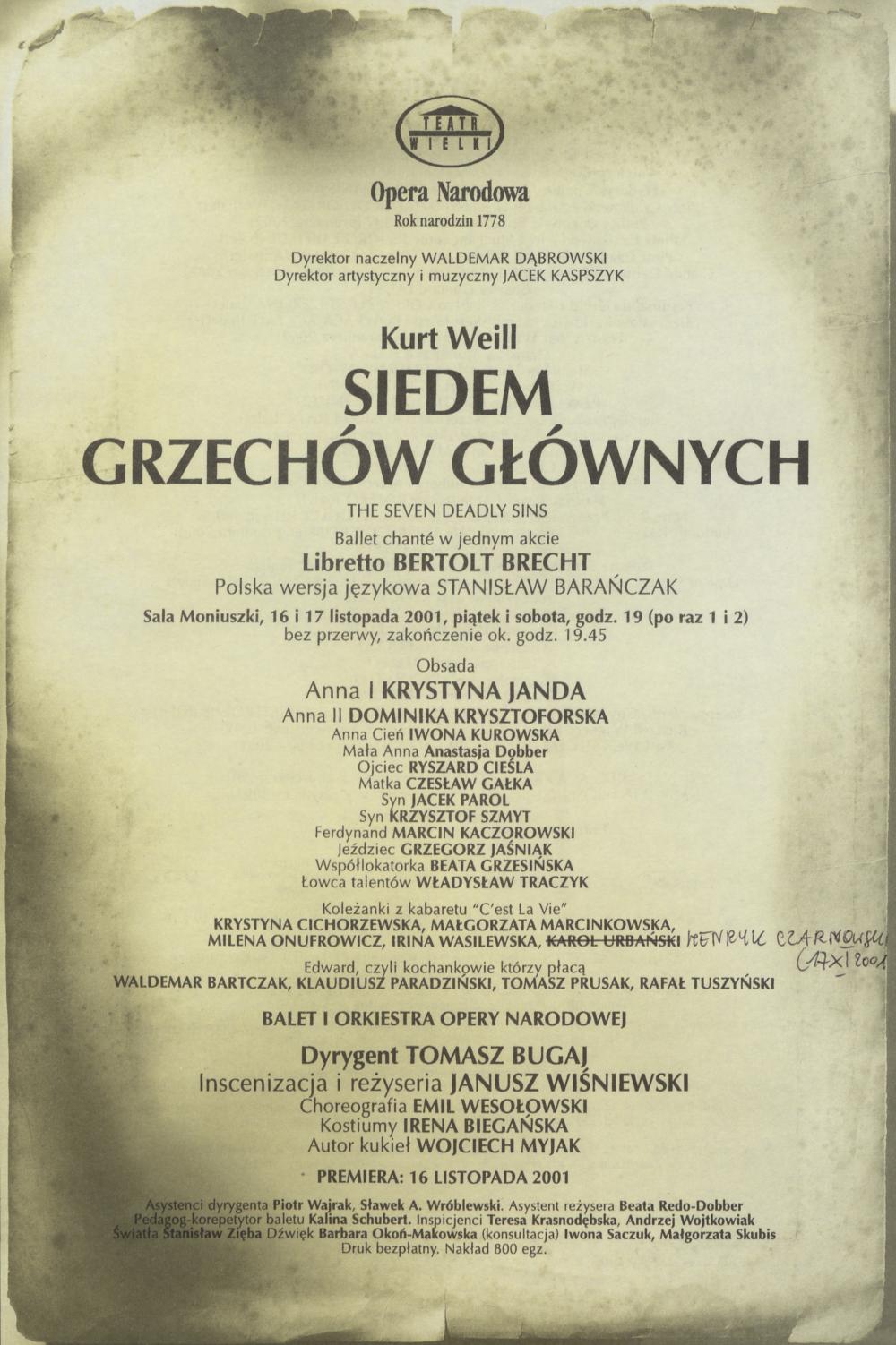 Wkładka premierowa „Siedem grzechów głównych” Kurt Weill 16-11-2001, 17-11-2001