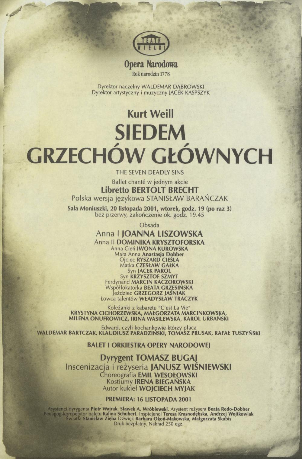 Wkładka obsadowa „Siedem grzechów głównych” Kurt Weill 20-11-2001