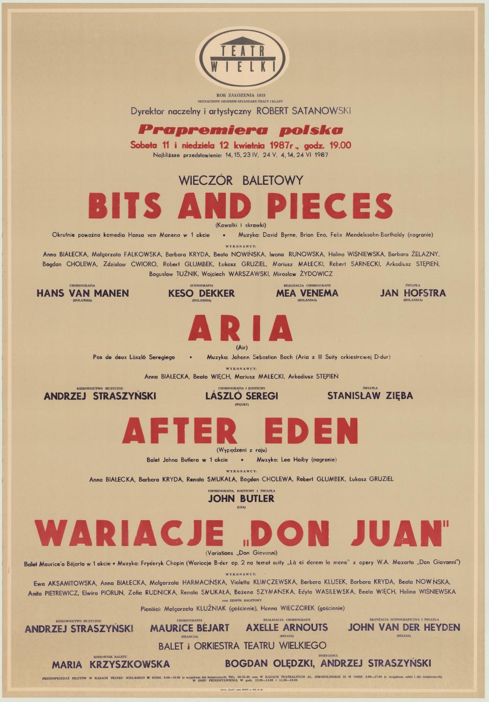 Afisz premierowy. „Bits and pieces” David Byrne, Brian Eno, Felix Mendelssohn-Bartholdy 1987-04-11