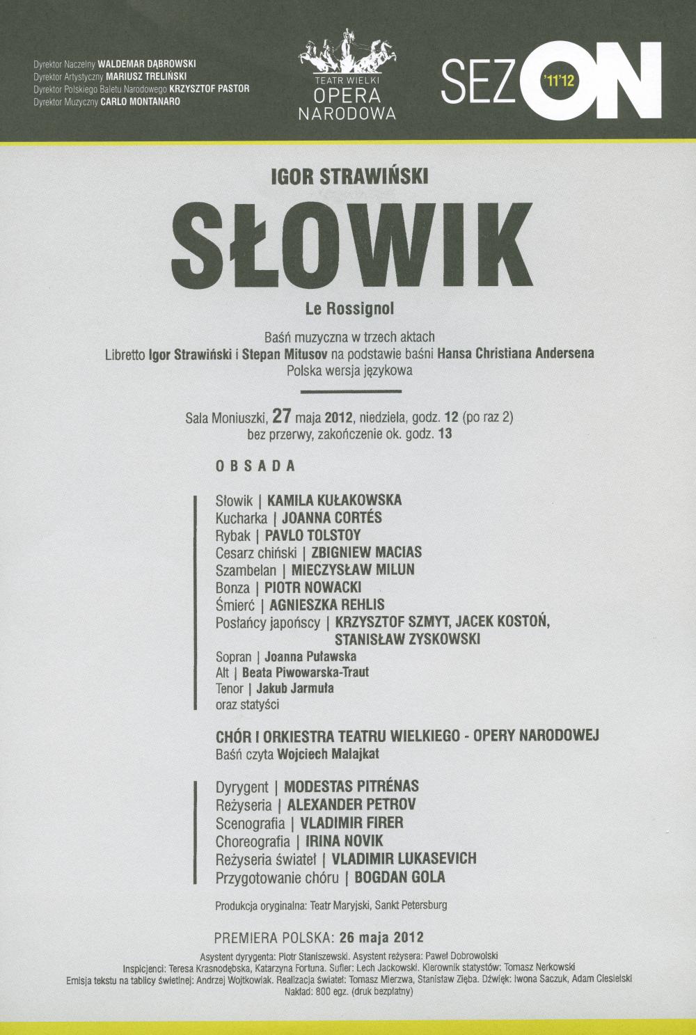 Wkładka obsadowa „Słowik” Igor Strawiński 27-05-2012