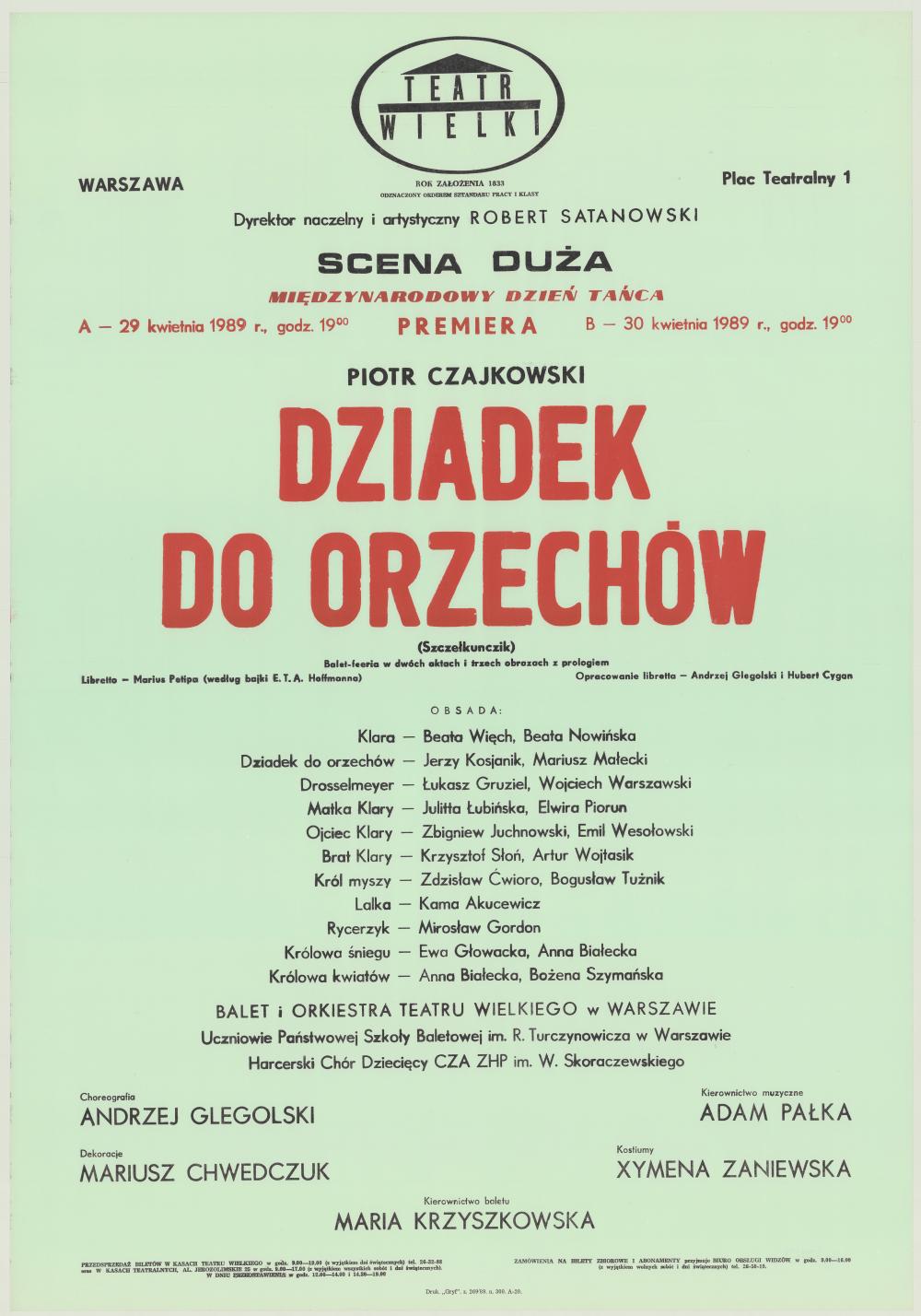 Afisz premierowy. „Dziadek do orzechów” Piotr Czajkowski 1989-04-29