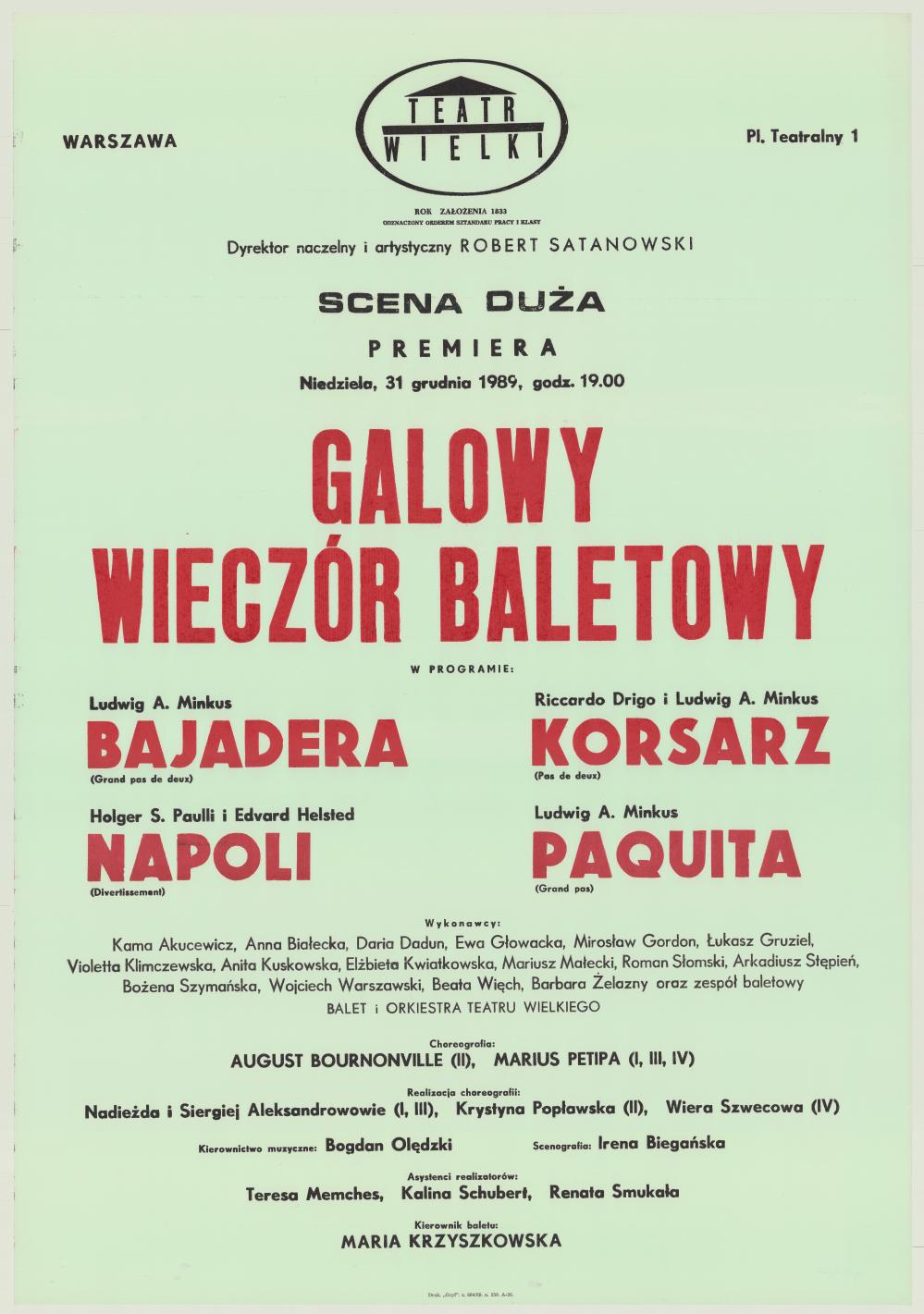 Afisz premierowy. „Bajadera” Ludwig A. Minkus 1989-12-31
