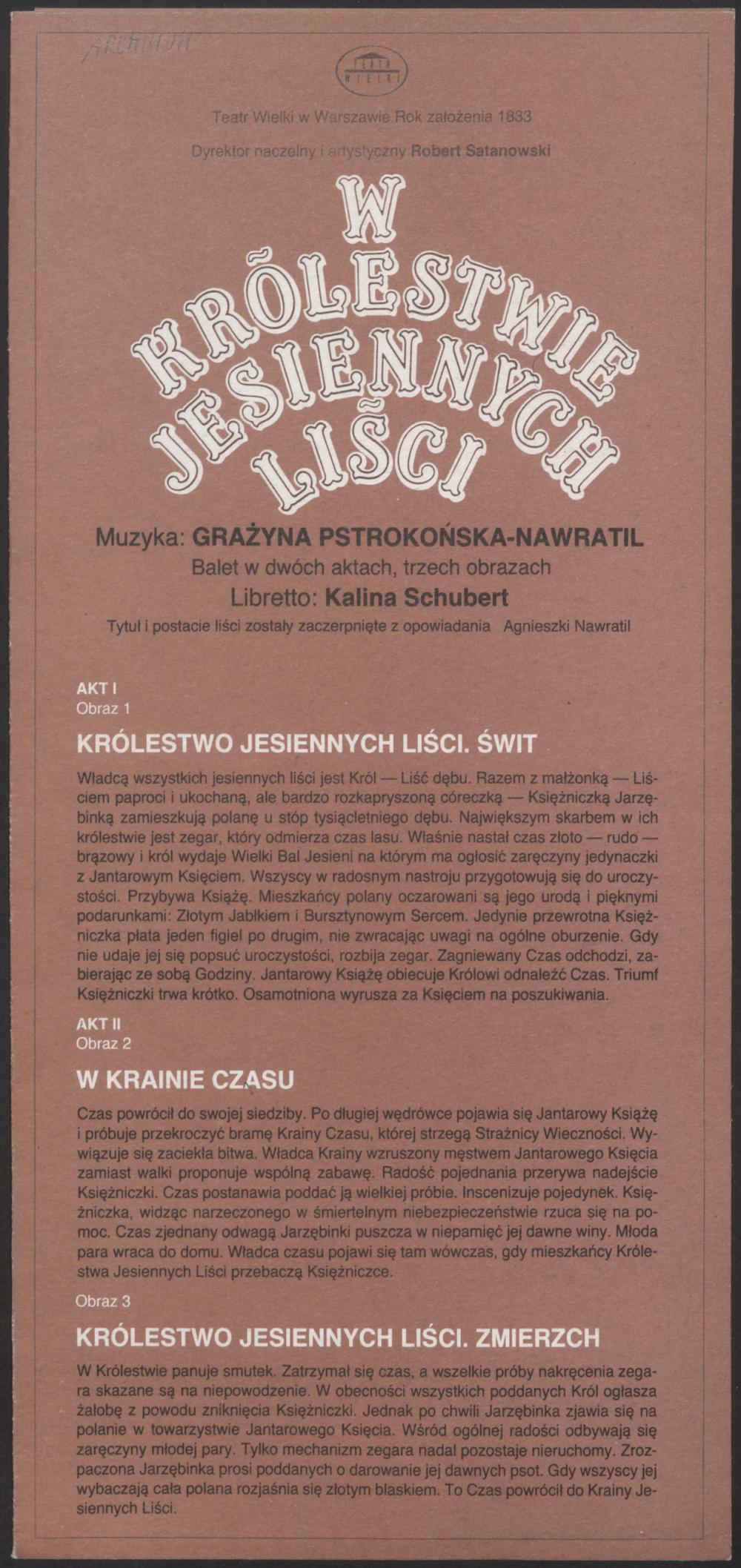 Program. „W królestwie jesiennych liści” Grażyna Pstrokońska-Nawratil 1990-06-01