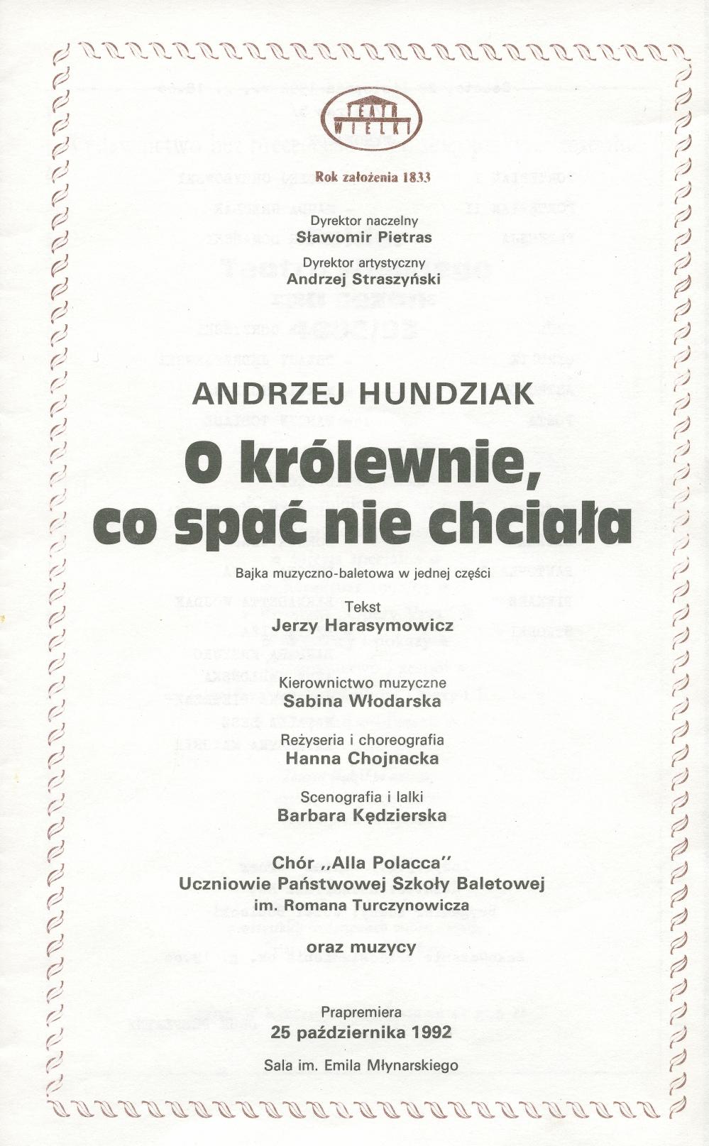 Wkładka obsadowa. „O królewnie co spać nie chciała” Andrzej Hudziak 28-11-1992