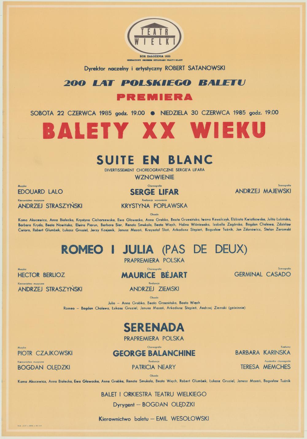 Afisz premierowy. „Suite en blanc” Édouard Lalo 1985-06-22