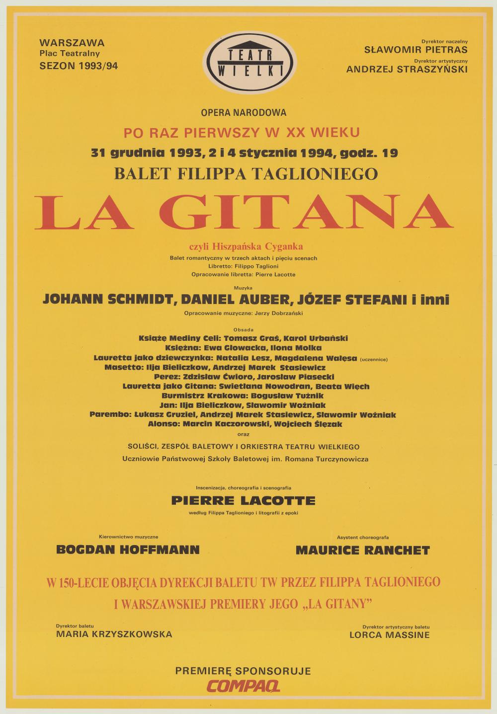 Afisz premierowy. „La Gitana” Johann Schmidt, Daniel Auber, Józef Stefani 1993-12-31