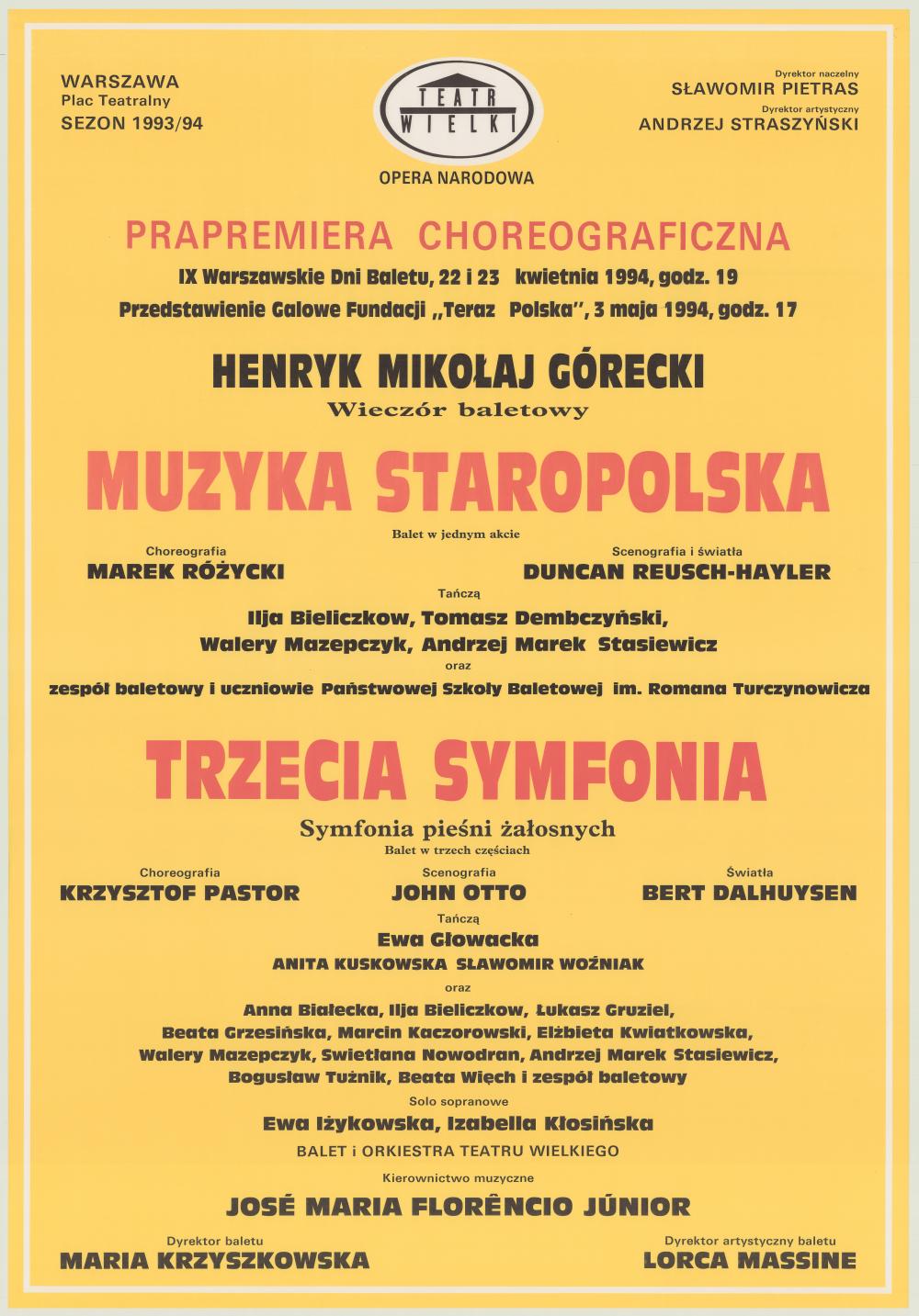Afisz premierowy. „Muzyka staropolska” Henryk Mikołaj Górecki 1994-04-22
