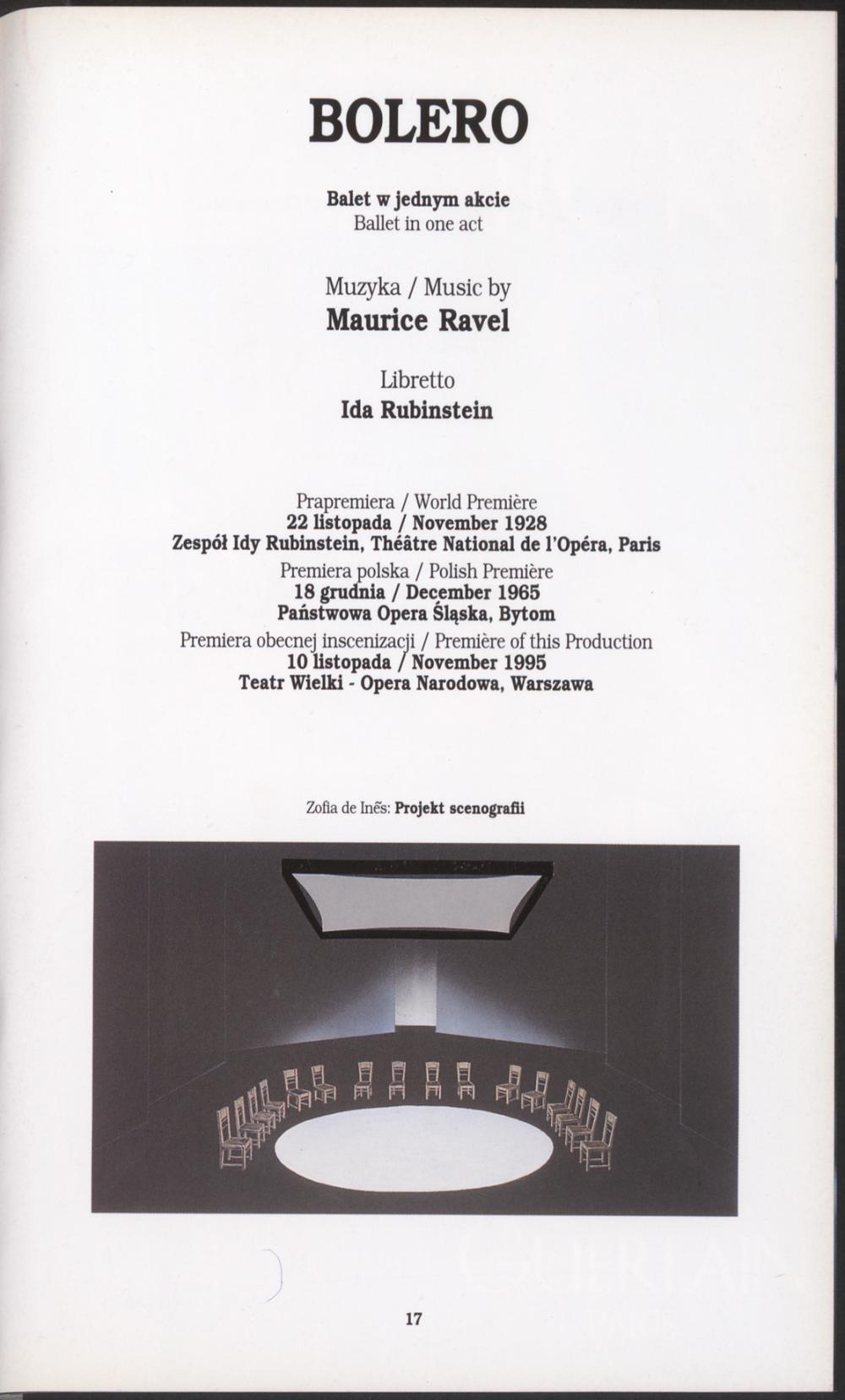 Program. Projekt scenografii, Zofia de Ines. „Bolero” Maurice Ravel 1995-11-10