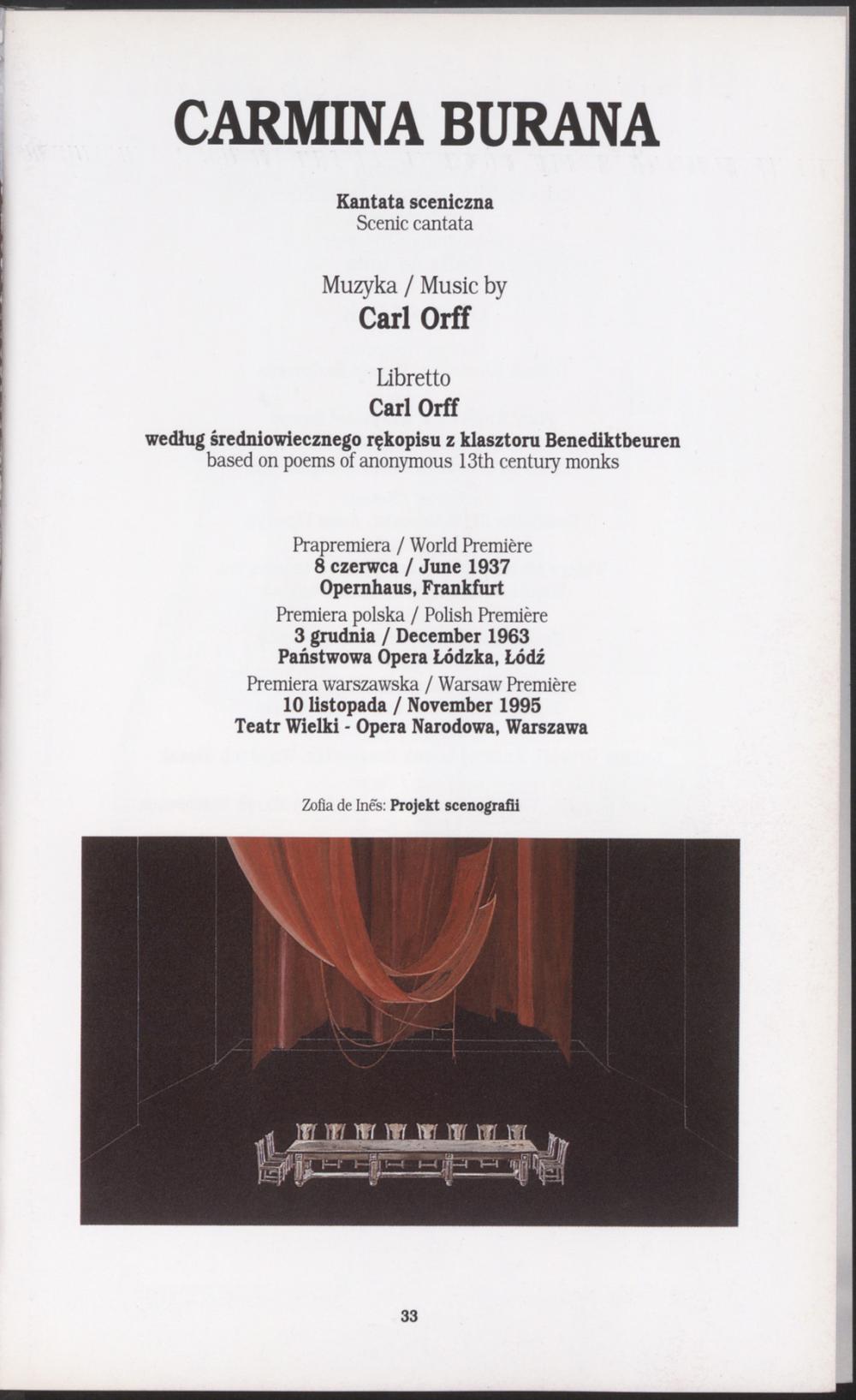 Program. Projekt scenografii Zofia de Ines. „Carmina Burana” Carl Orff 1995-11-10