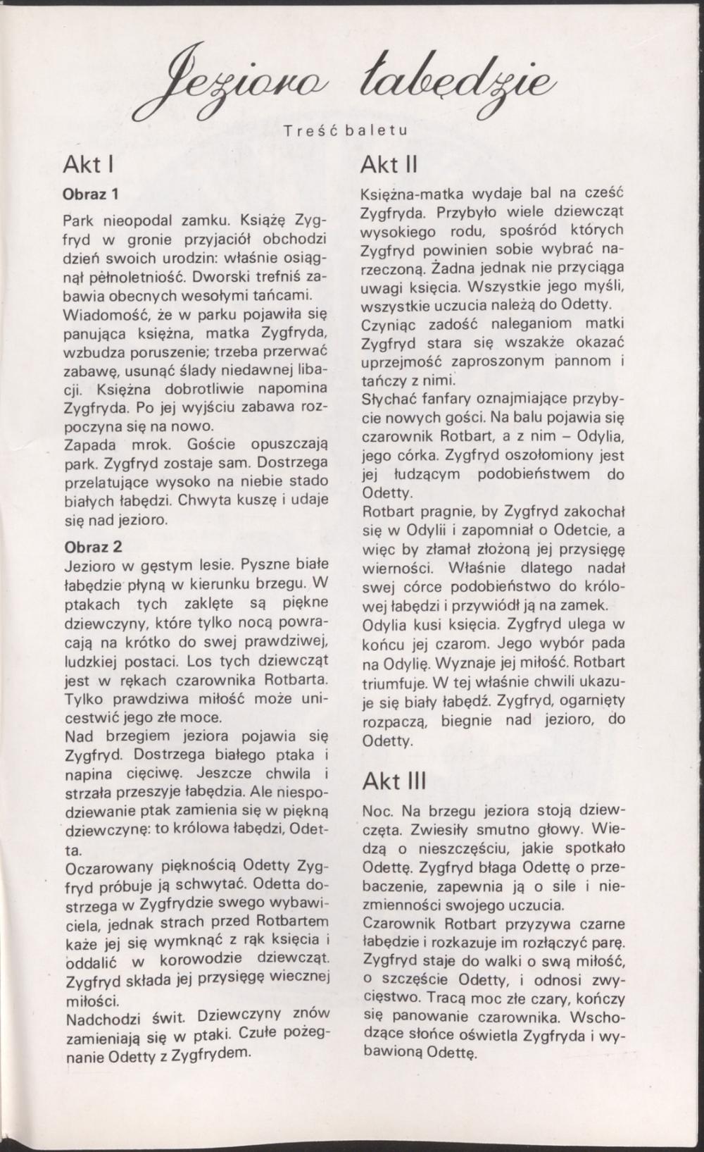 Program. „Jezioro łabędzie” Piotr Czajkowski 1985-12-07