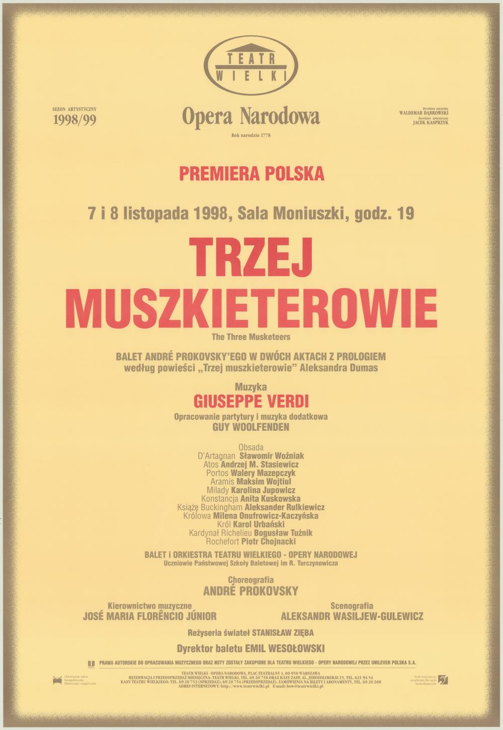 Afisz premierowy. „Trzej muszkieterowie” Giuseppe Verdi 1998-11-07