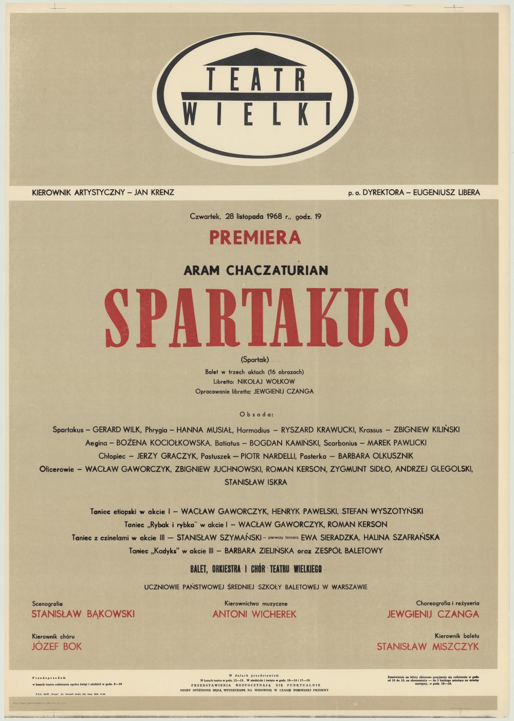Afisz premierowy. „Spartakus” Aram Chaczaturian 1968-11-28