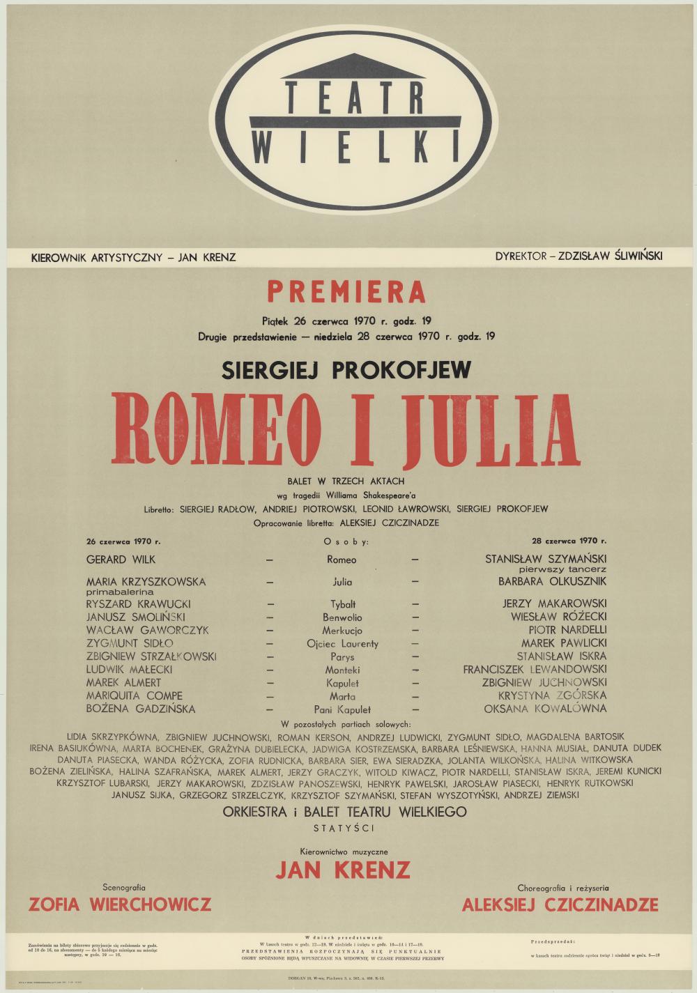 Afisz premierowy. „Romeo i Julia” Siergiej Prokofiew 1970-06-26