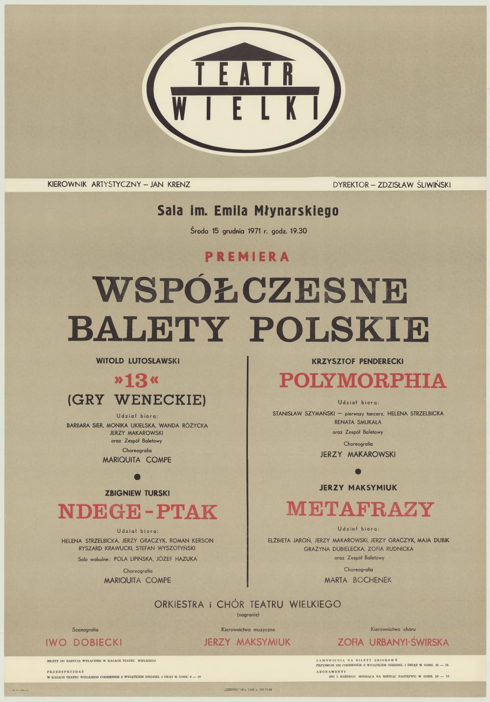 Afisz premierowy. „13” (Gry weneckie) Witold Lutosławski 1971-12-15