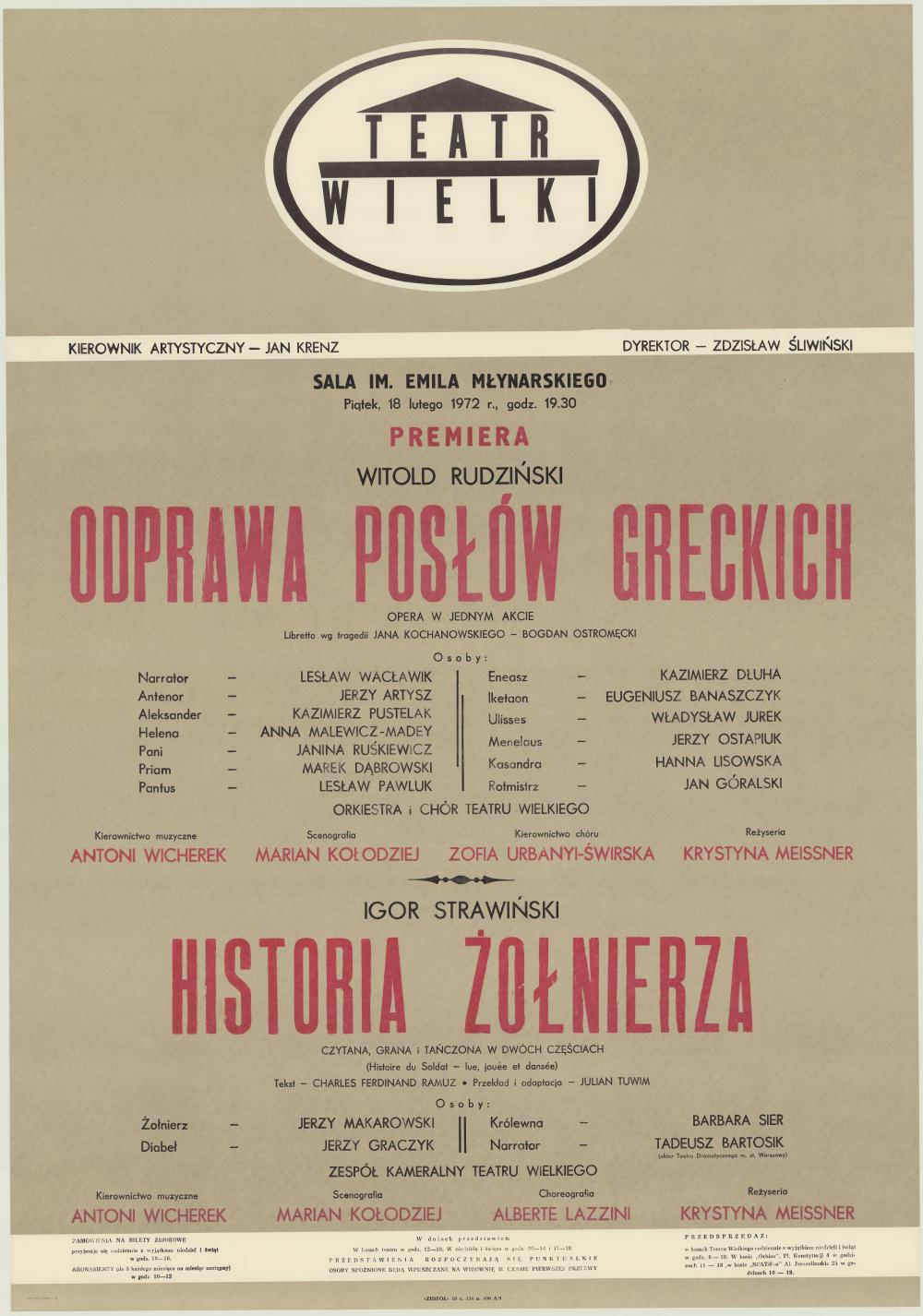 Afisz premierowy. „Historia żołnierza” Igor Strawiński 1972-02-18