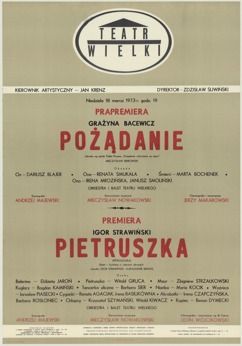 Afisz premierowy. „Pożądanie" Grażyna Bacewicz 1973-03-18