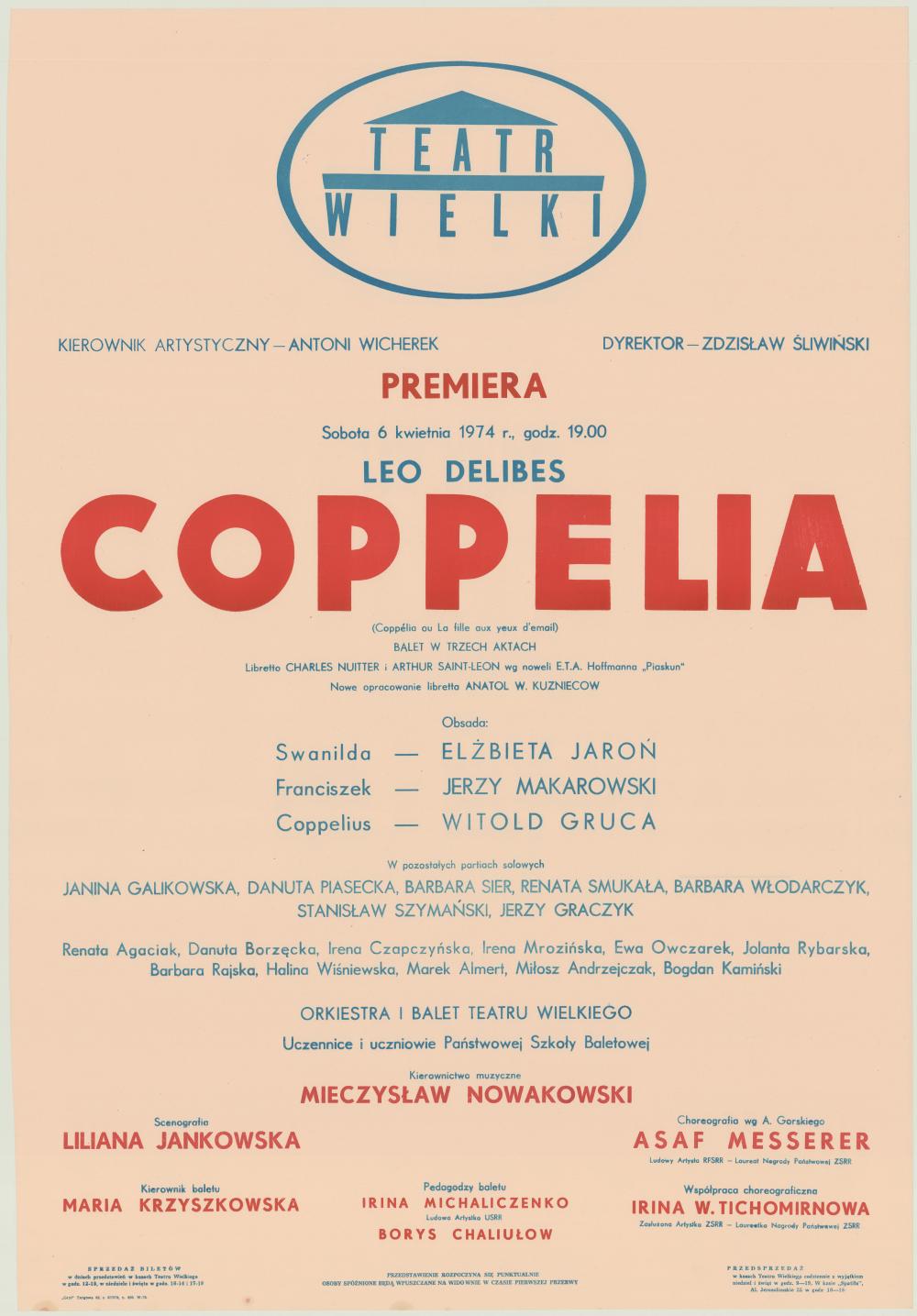 Afisz premierowy „Coppelia" Leo Delibes 1974-04-06