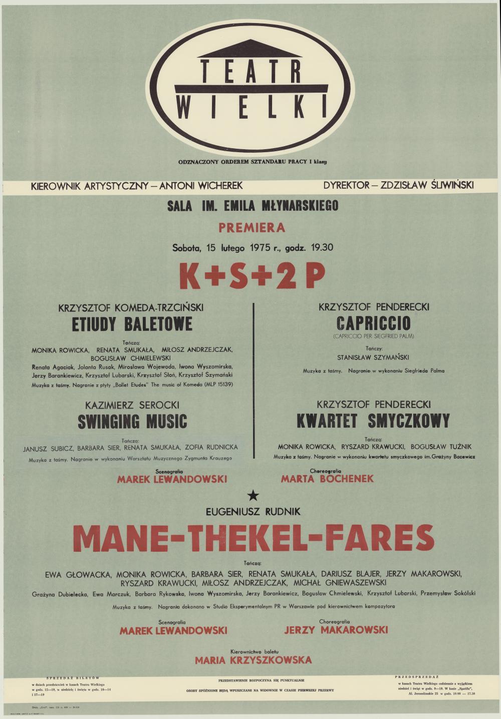 Afisz premierowy. „Etiudy baletowe” Krzysztof Komeda-Trzciński 1975-02-15
