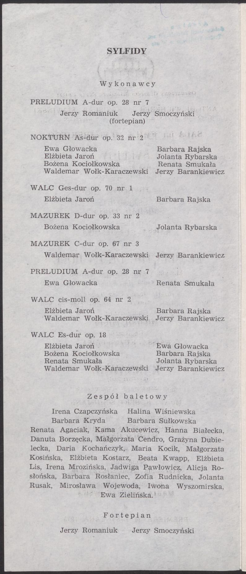 Wkładka obsadowa. „Sylfidy” Fryderyk Chopin 1975-11-23