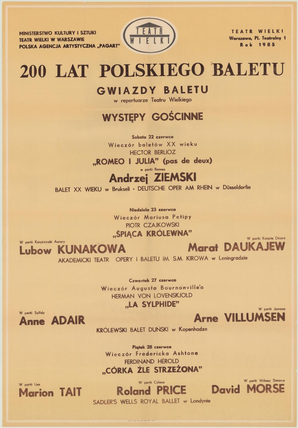 Afisz okolicznościowy. „200 Lat Polskiego Baletu” 1985-06-28