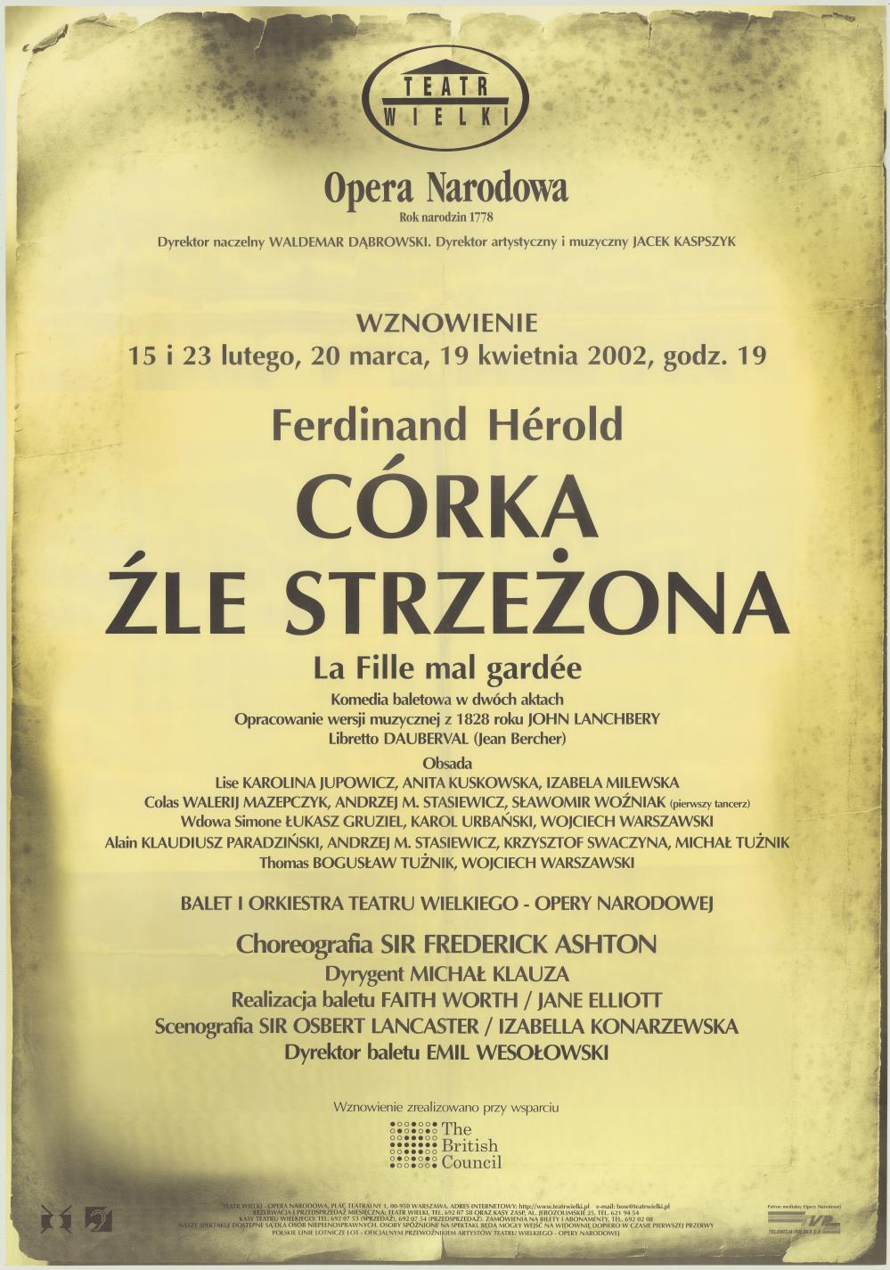 Afisz obsadowy. „La fille mal gardée”/ Córka źle strzeżona” Ferdinand Hérold 2002-02-15