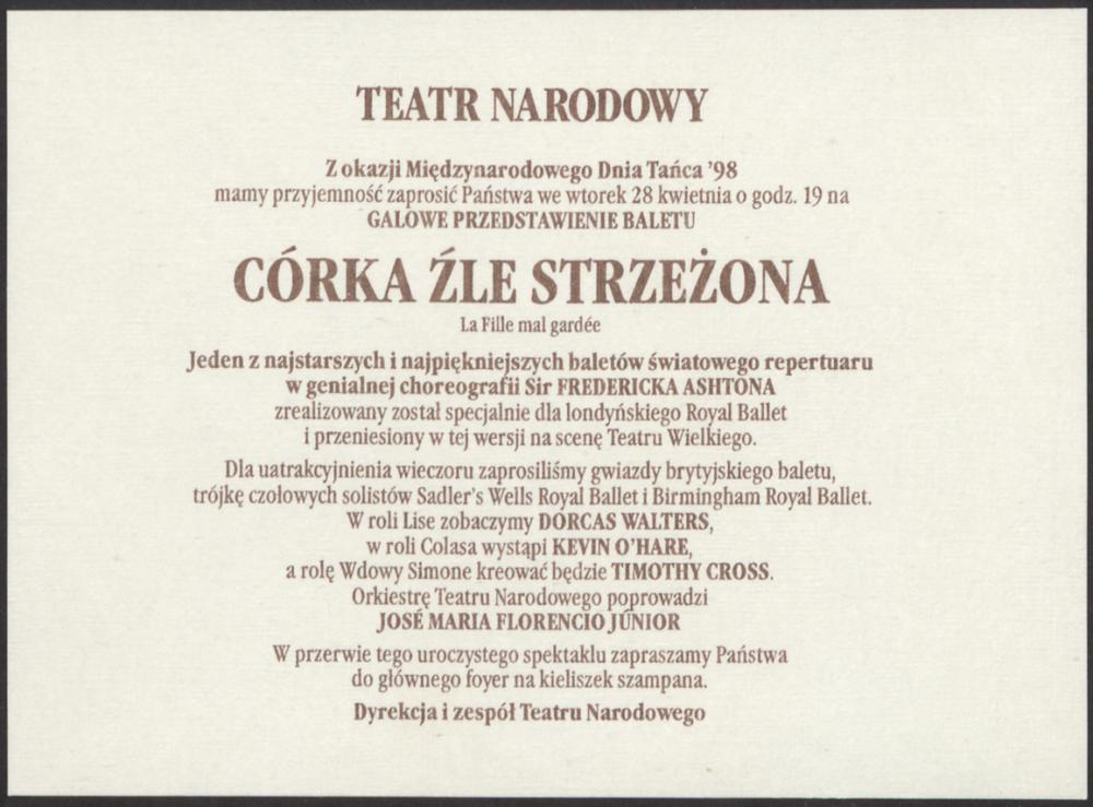 Zaproszenie. „La fille mal gardée”/ „Córka źle strzeżona” Ferdinand Hérold 1998-04-28