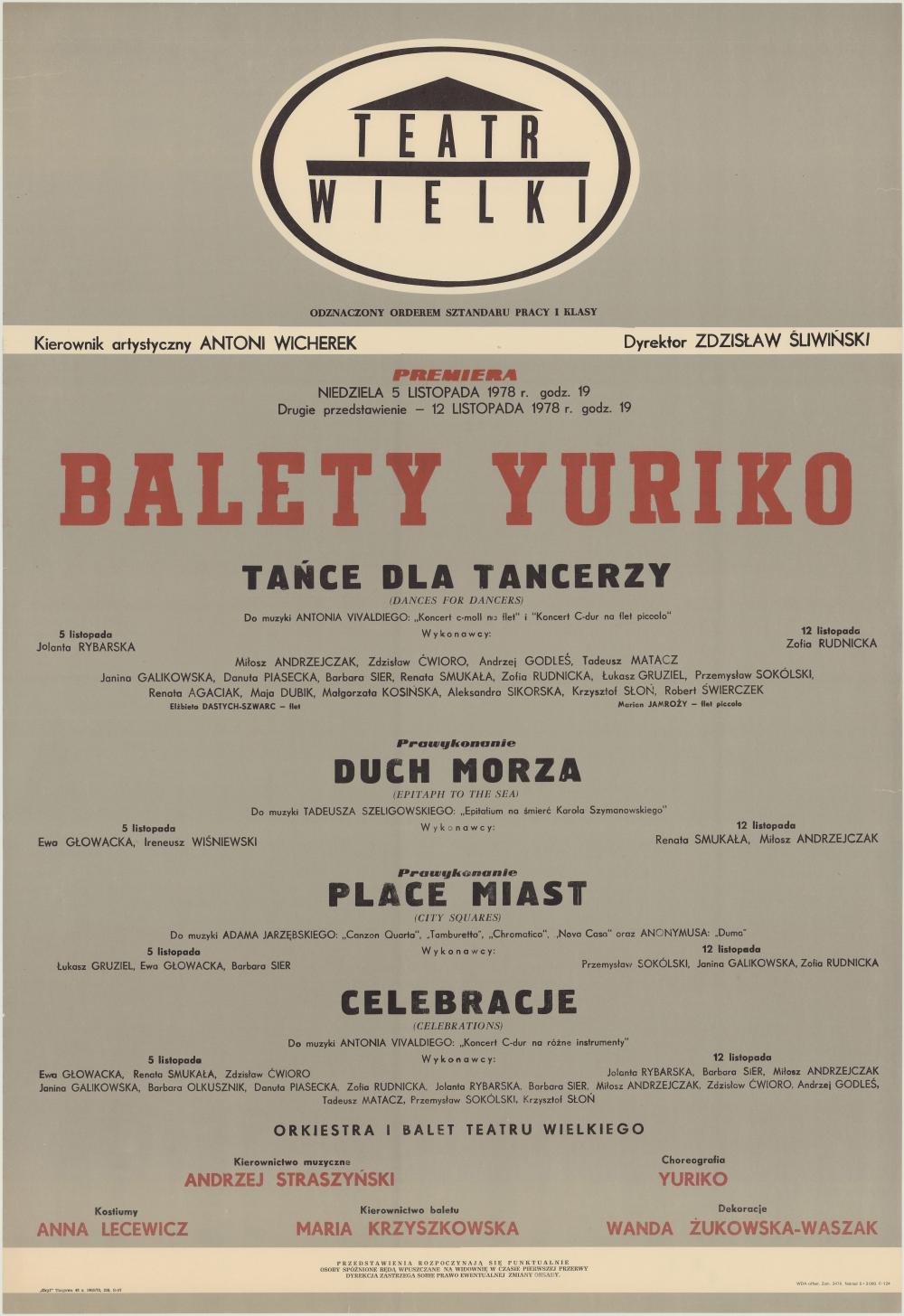 Afisz premierowy „Tańce dla tancerzy" muzyka Antonio Vivaldi, 1978-11-05, 1978-11-12