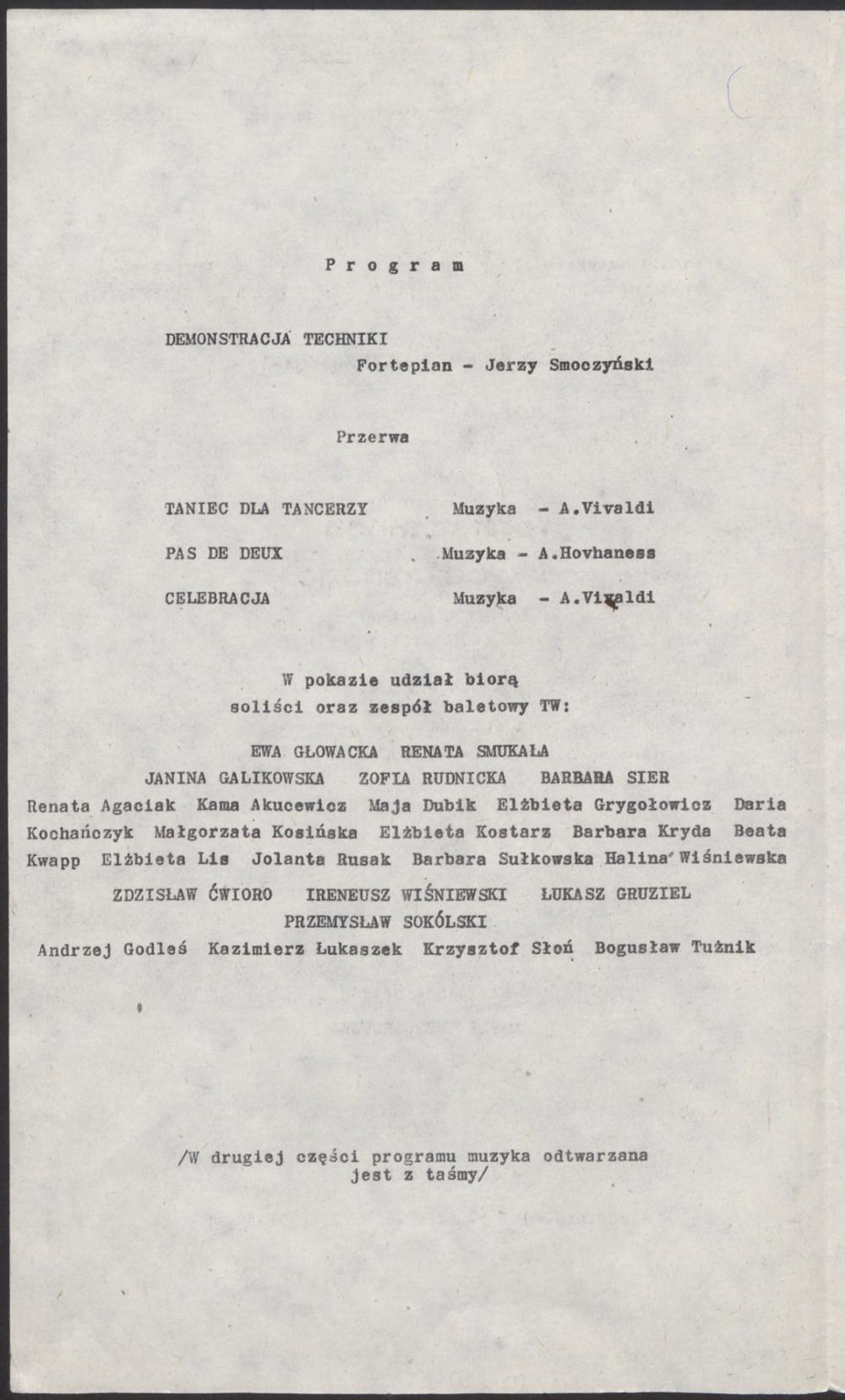 Wkładka obsadowa Pokaz Tańca Nowoczesnego, „Tańce dla tancerzy" Antonio Vivaldi, „Pas de deux” A. Hovhaness, „Celebracja” Antonio Vivaldi, 1977-05-29